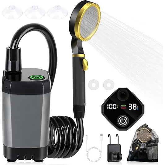 Premium Portable Camping Shower — 6000 mAh Battery + Digital Display